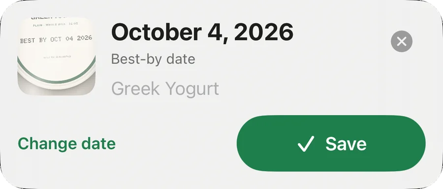 FreshScan confirmation card: October 4, 2026, Best-by date, Greek Yogurt, with Change date and Save buttons